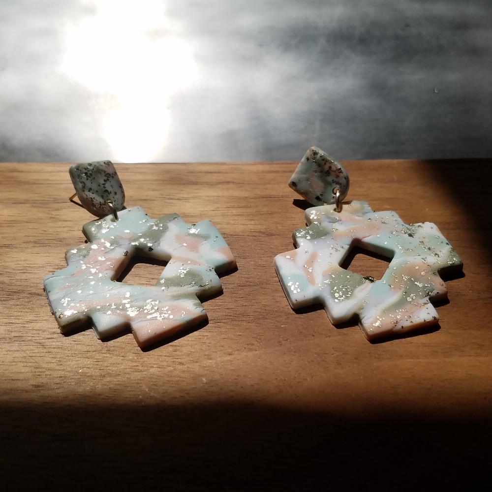 "Jade" Polymer Clay Aztec Dangle-Drop Earrings - GREEN